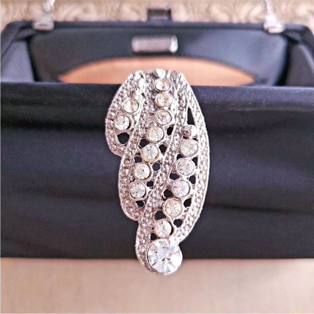 Givenchy vintage clutch Crystal clasp, shoulder bag black satin, 42” strap RARE